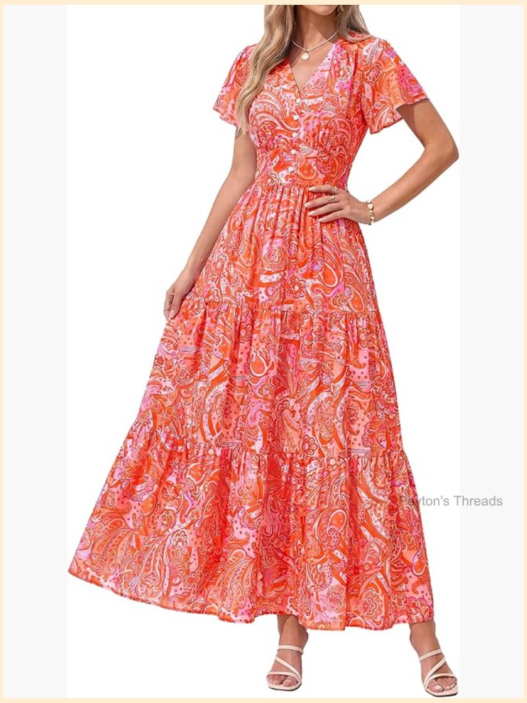 Women Maxi Dress Short Sleeve V-Neck Button Floral Tiered Boho Sundress Beach